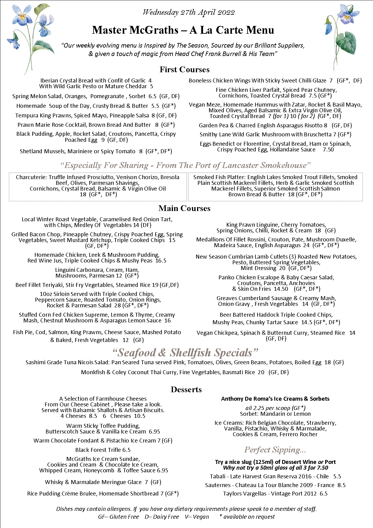 A La Carte Master McGraths Restaurant